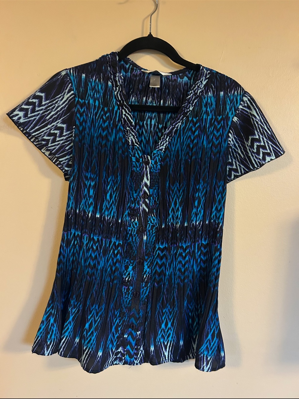 Christopher & Banks Blue Geometric Print Button-Front Top – L
